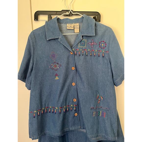 Vintage 70’s Koret Blues Denim Skirt Set Boho Beaded A Line Blouse Med Large - Picture 3 of 11